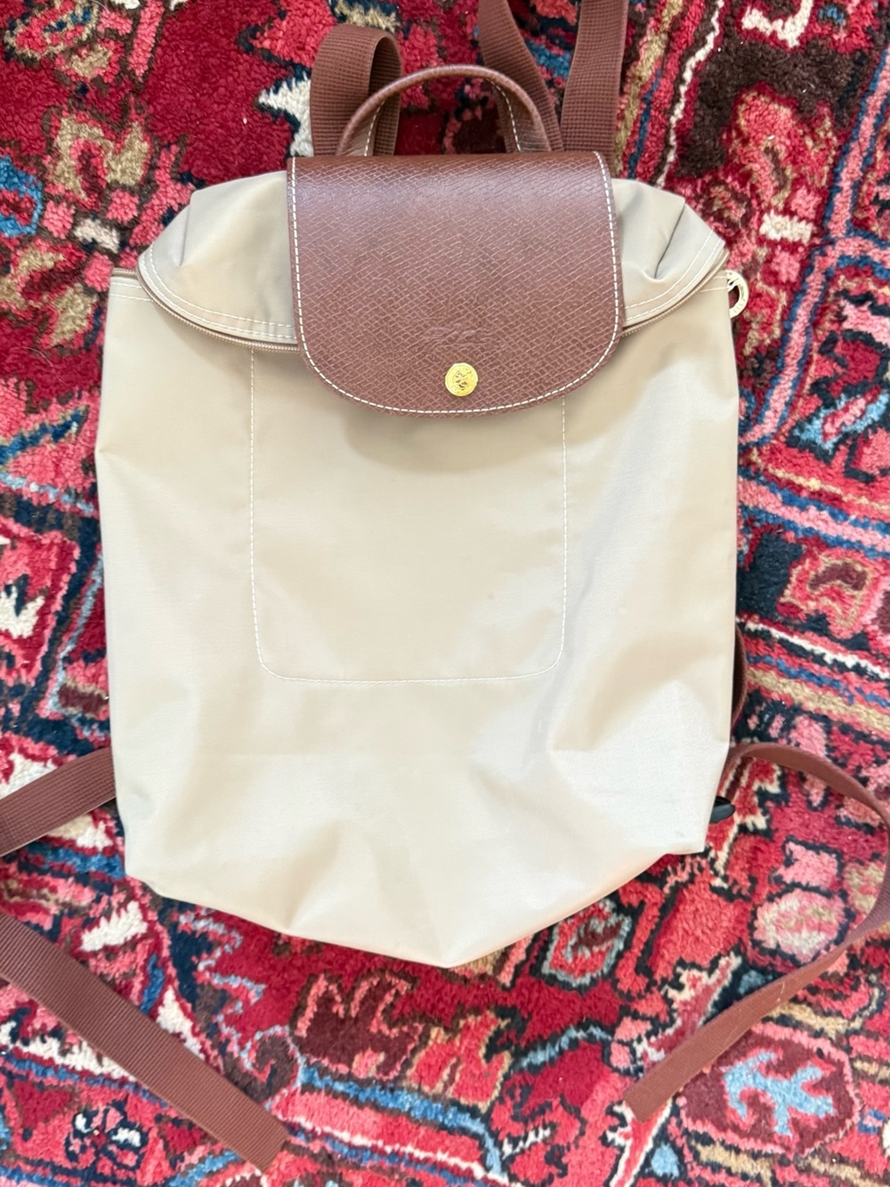 Longchamp Beige Nylon Backpack with Brown Leather Flap